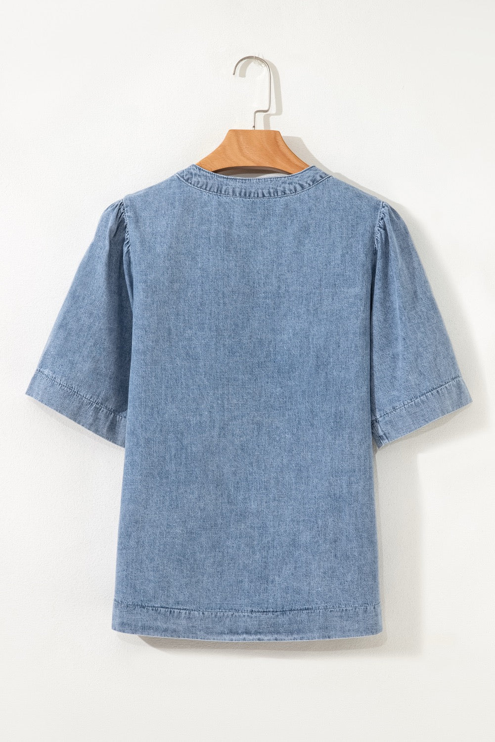 Pintuck Pleats Puff Sleeve Split V Neck Summer Denim Top