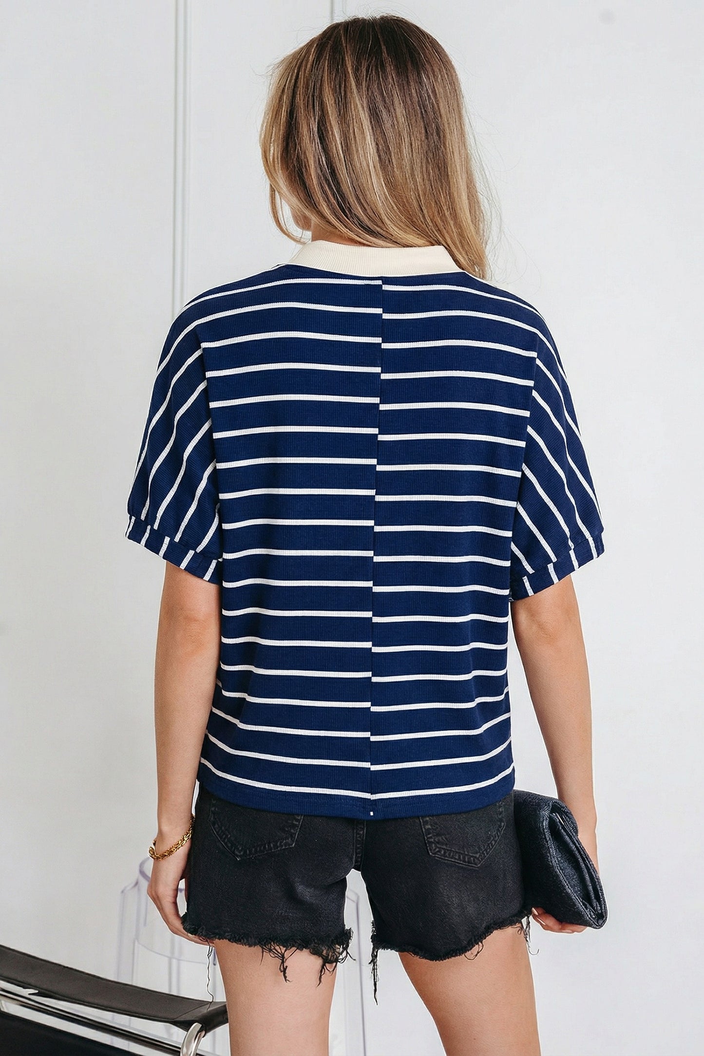 Navy Stripe Stand Collar V Neck Elastic Cuffs Half Sleeve Dolman Top