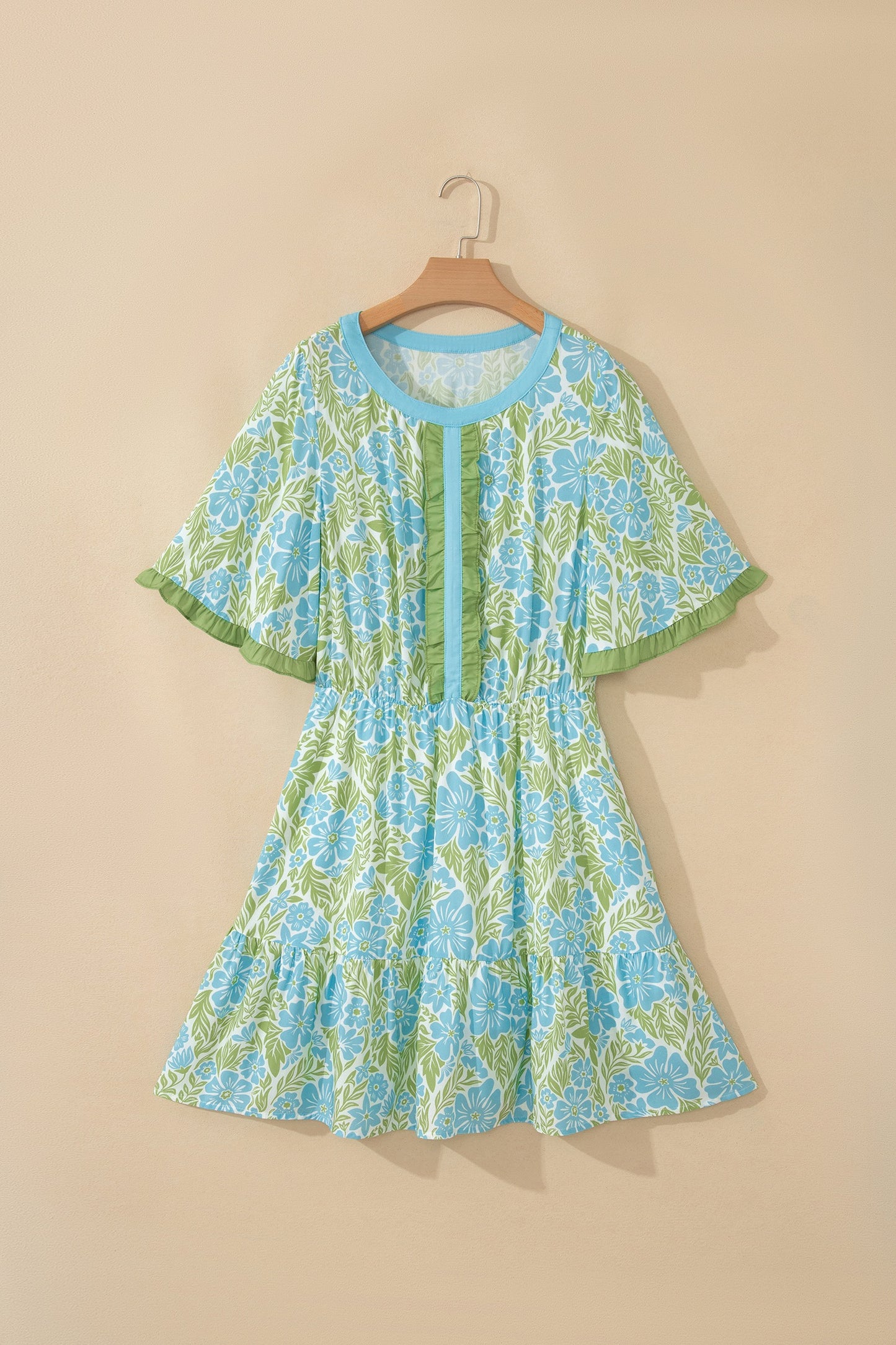 Blue Floral Print High Waist Ruffle Short Sleeve Mini Dress
