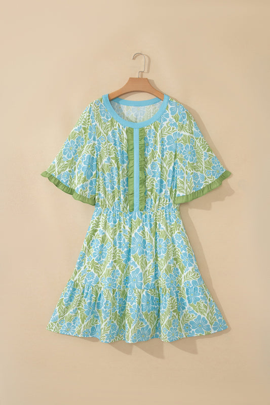 Blue Floral Print High Waist Ruffle Short Sleeve Mini Dress