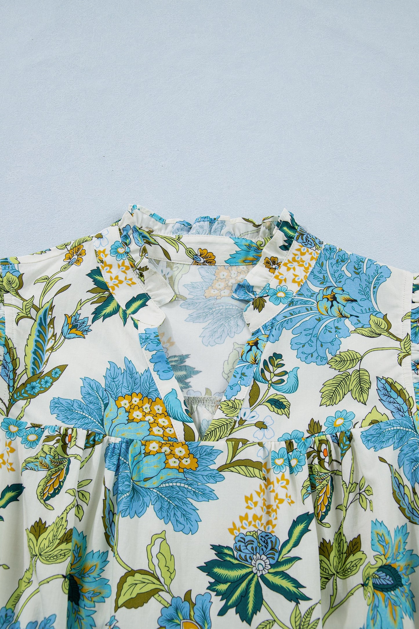Beige Floral Print V Neck Triple Ruffle Short Sleeve Shift Dress