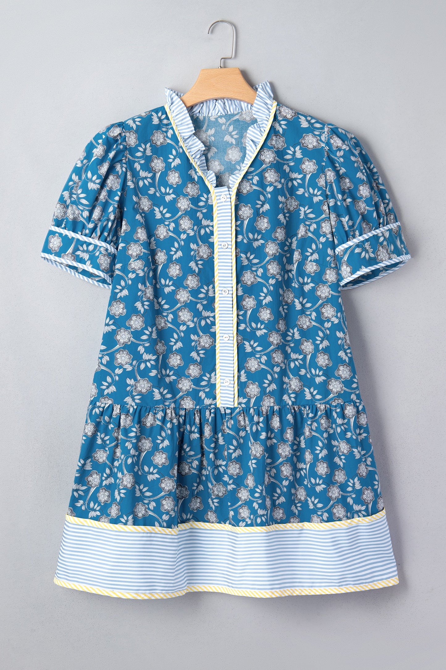 Blue Plus Size Floral Print Striped Patchwork Detail Button Front Ruffle Hem