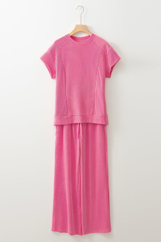 Solid Pink Corded Knit Short Sleeve T Shirt and Wide Leg Pants Set