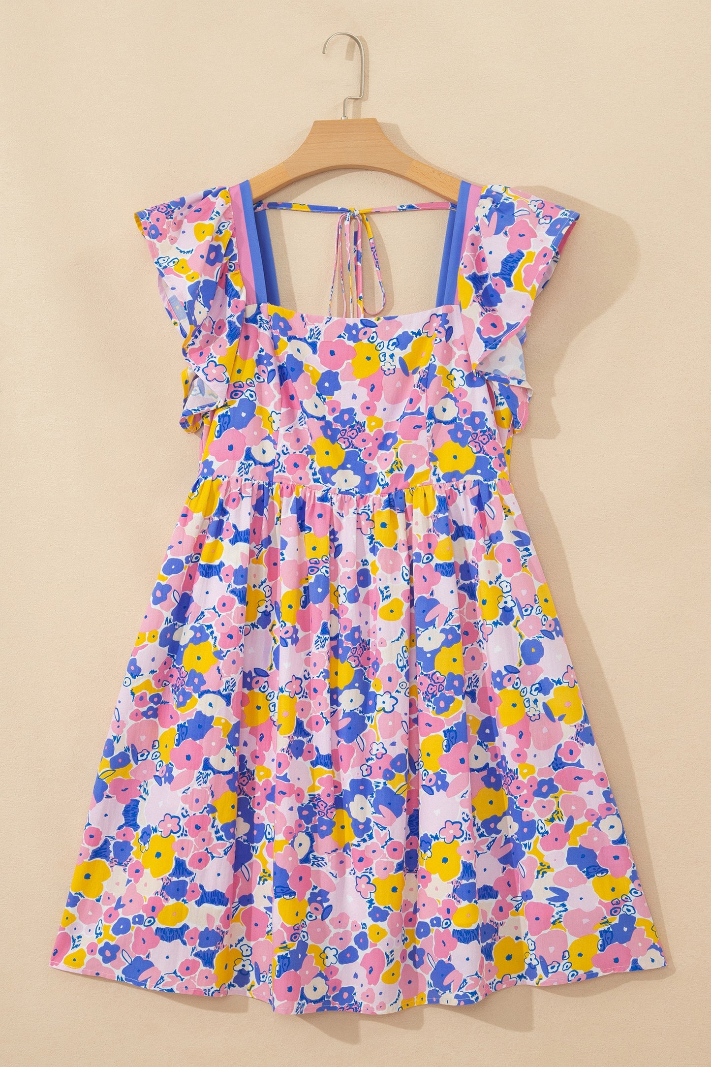 Multicolour Floral Print Flutter Sleeve Striped Trim Square Neck Loose Dress