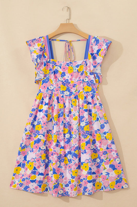 Multicolour Floral Print Flutter Sleeve Striped Trim Square Neck Loose Dress