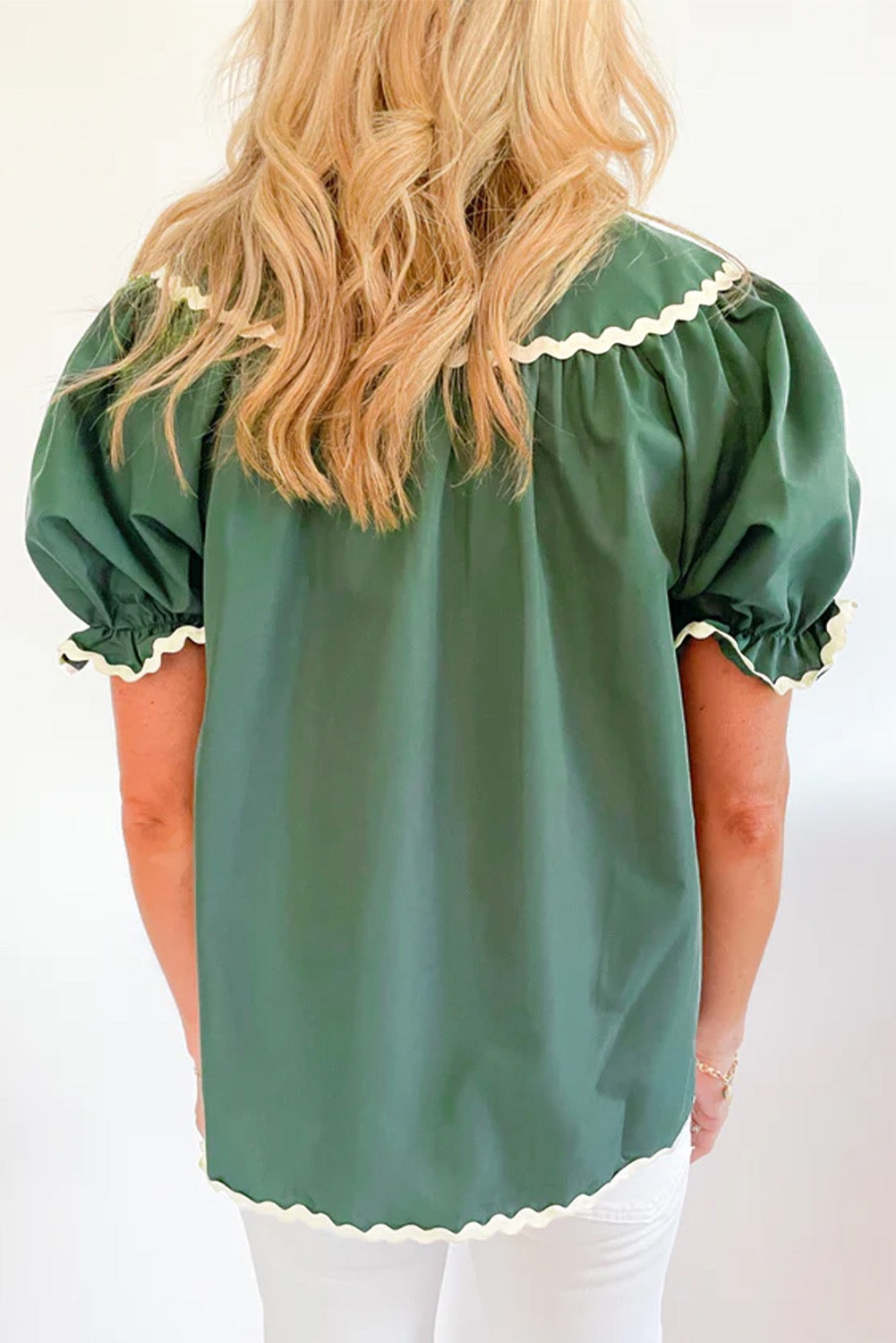 Green Ric Rac Trim Short Sleeve Blouse