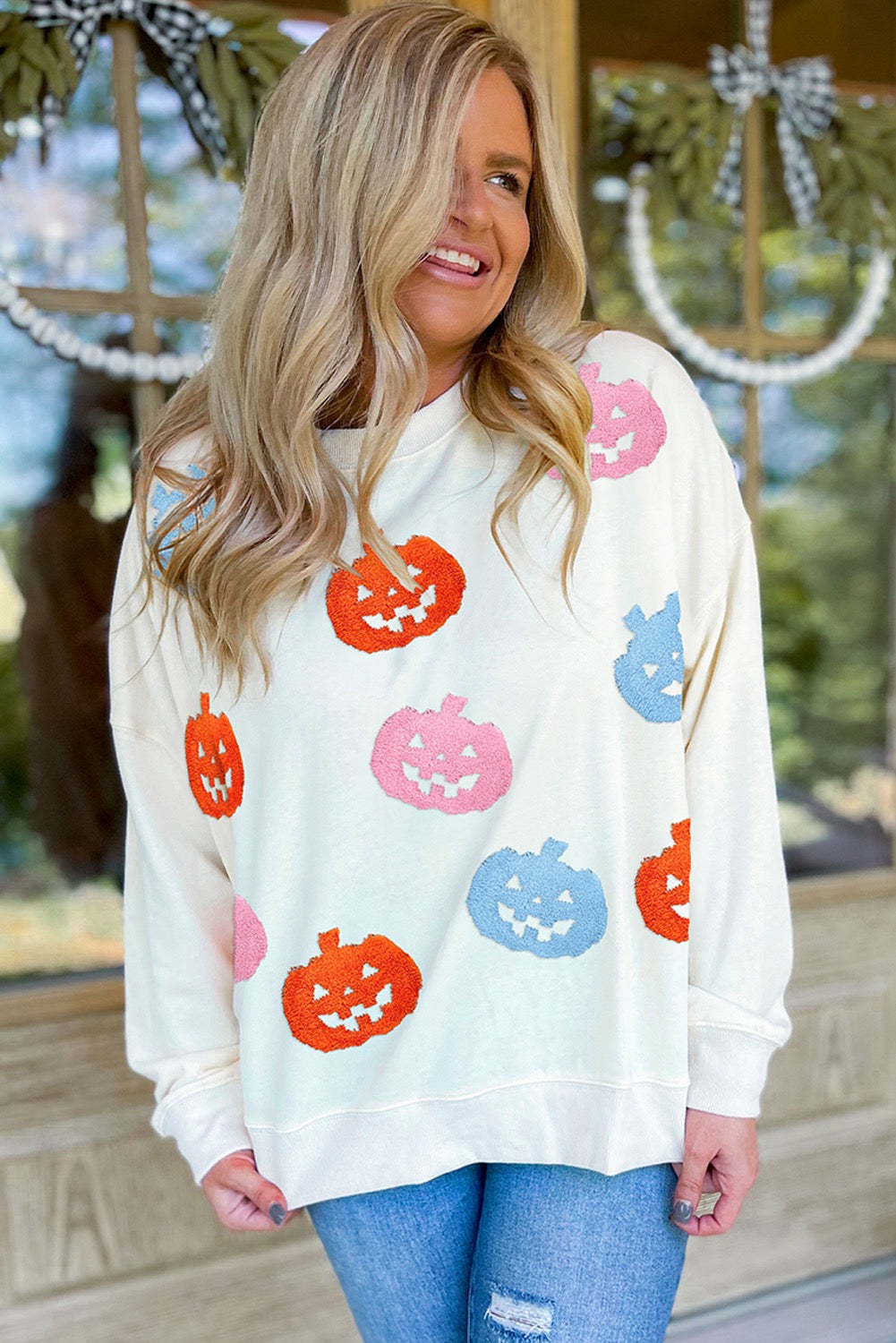 White Halloween Pumpkin Patched Loose Sweatshirt