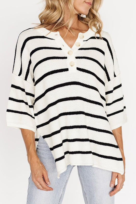 White Stripe Henley Buttoned Placket Drop Shoulder Sweater Knit Tee