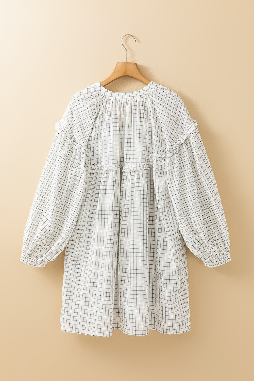 White Stripe Checkered Frill, V-Neck, Bracelet Sleeve Babydoll Dress