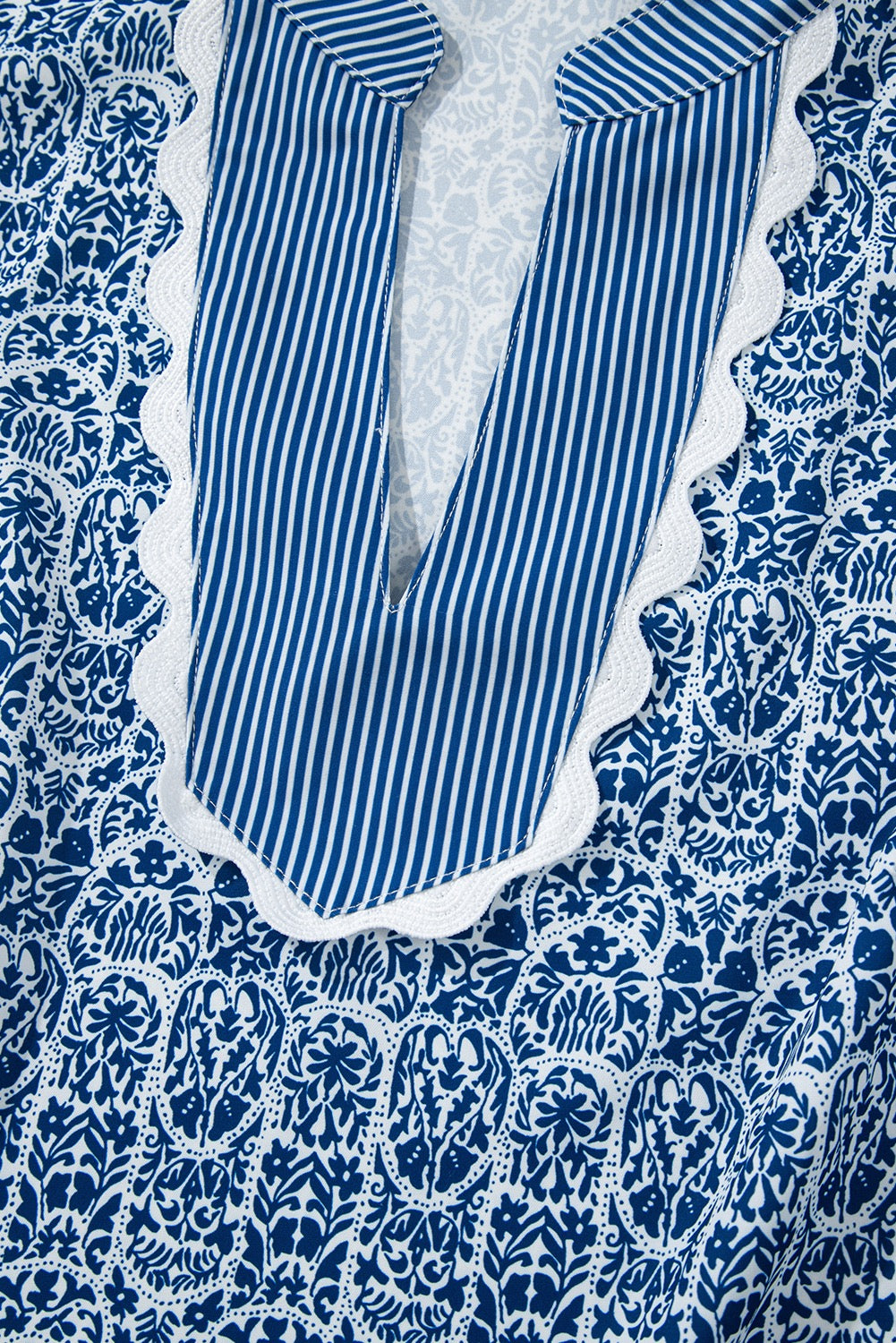 Blue Floral Striped Print Contrast Ric Rac Puff Sleeve Top