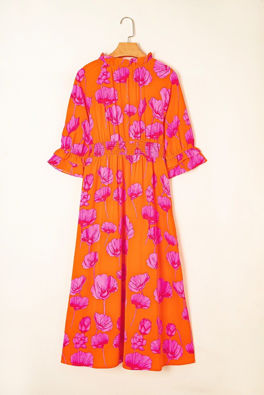 Orange Floral Print Frilly Smocked V Neck 3/4 Sleeve Maxi