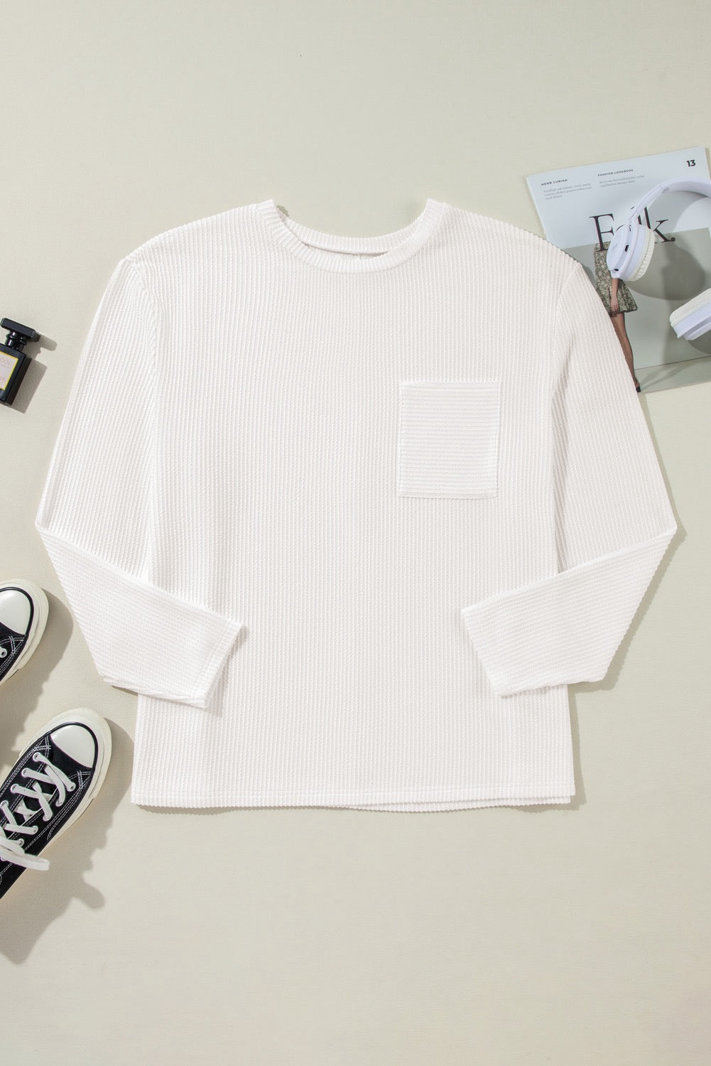 White Ribbed Textured Long Sleeve Tee