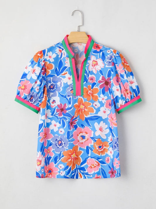 Blue Pop of Color Puff Sleeve Floral Blouse
