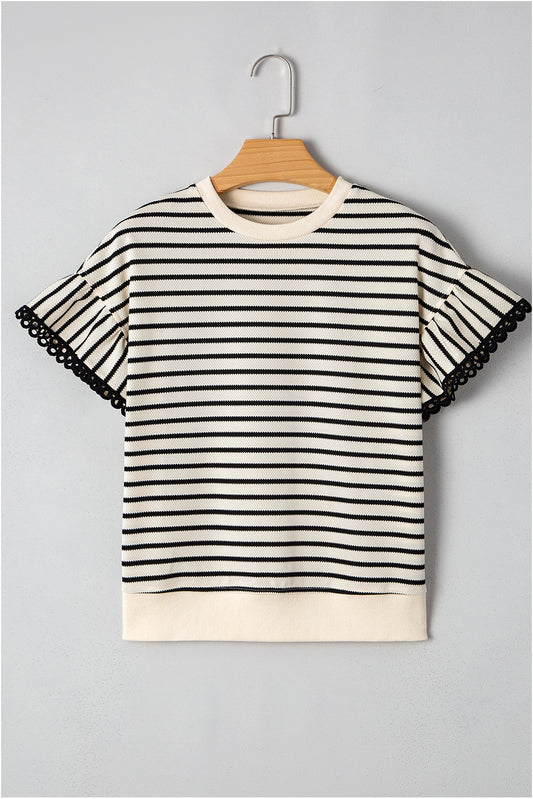 Black Stripe Scallop Lace Trim Ruffle Crewneck Top