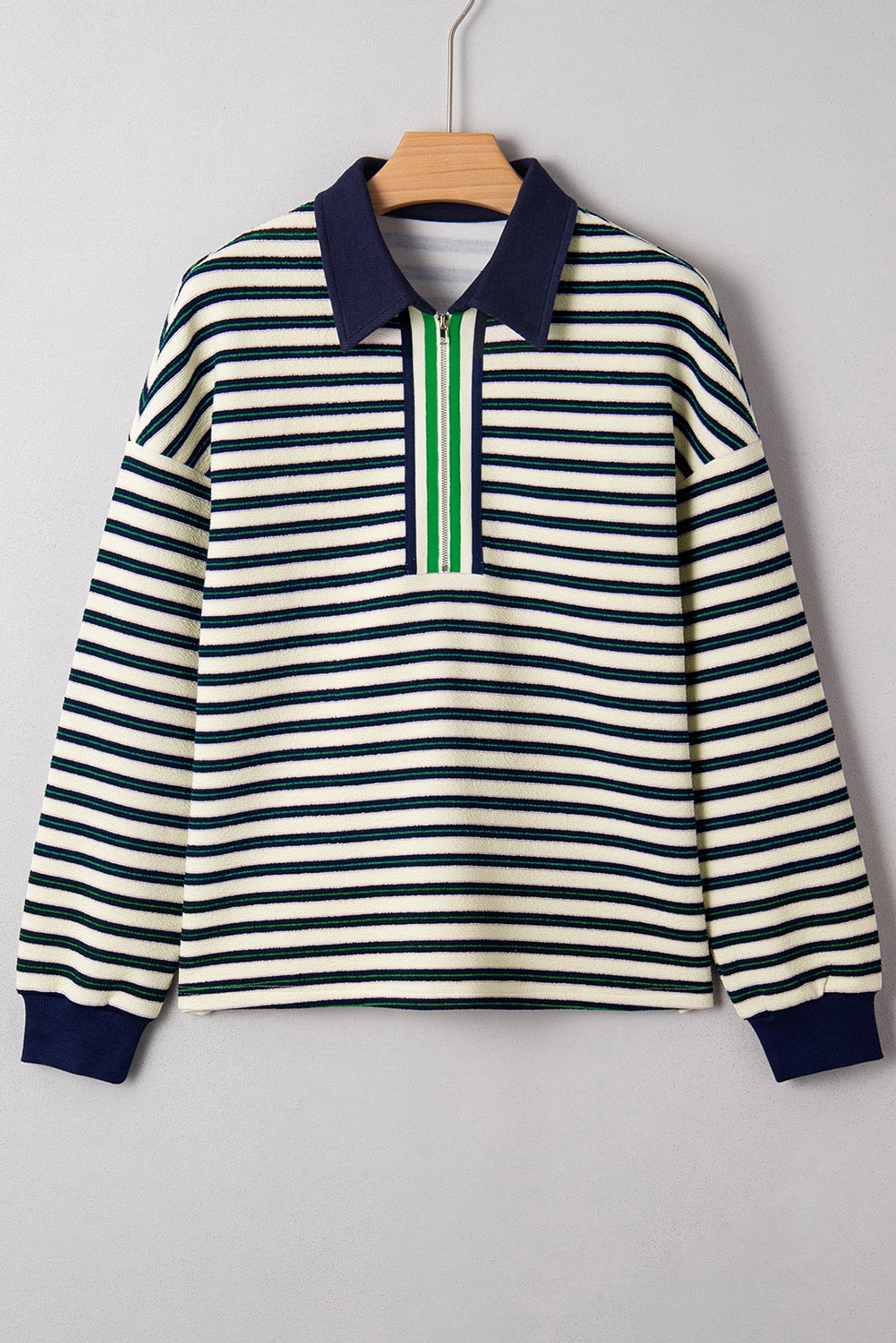 Navy Blue Striped Print Contrast Collar Zip V Neck Long Sleeve Top