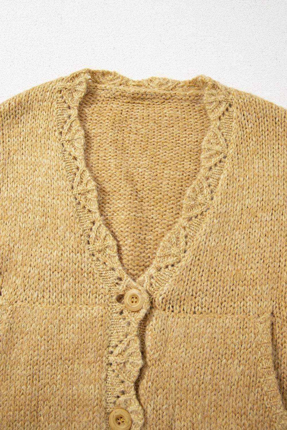 Light French Beige Lantern Sleeve Scallop V Neck Button Front Cardigan