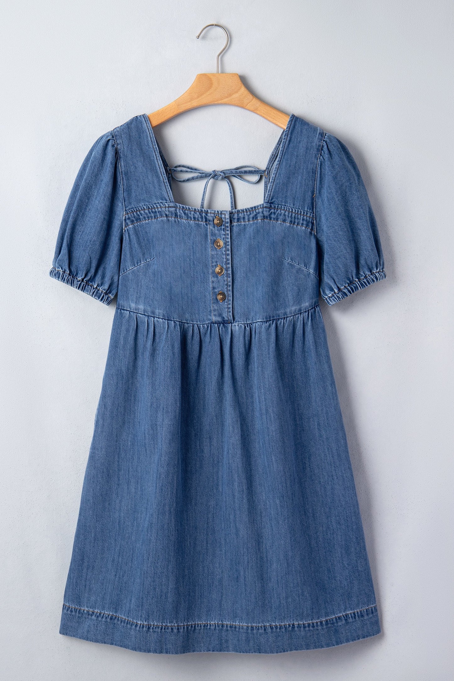 Square Neck Short Puff Sleeve Denim Dress