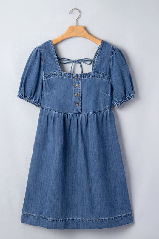 Square Neck Short Puff Sleeve Denim Dress