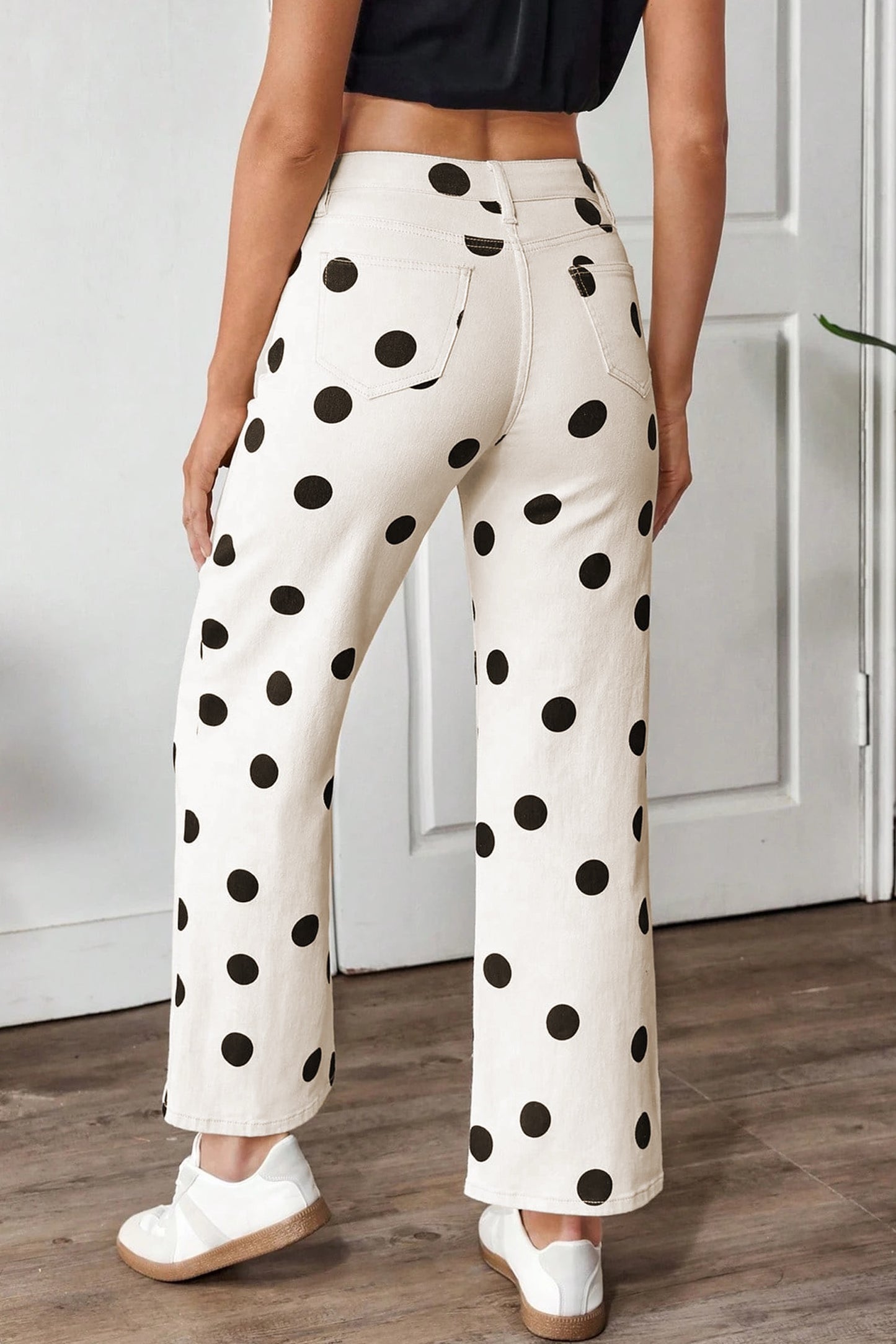 White Polka Dot Print Wide Leg Ankle Length Jeans