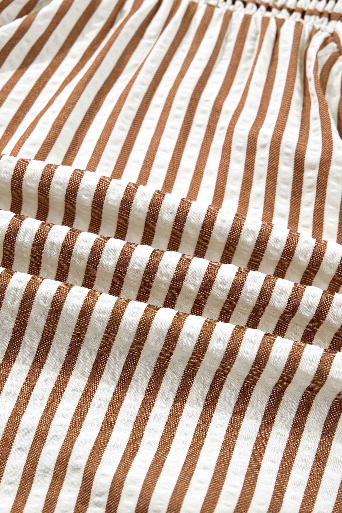 Brown Stripe Shirred V Neck Short Puff Sleeve Blouse