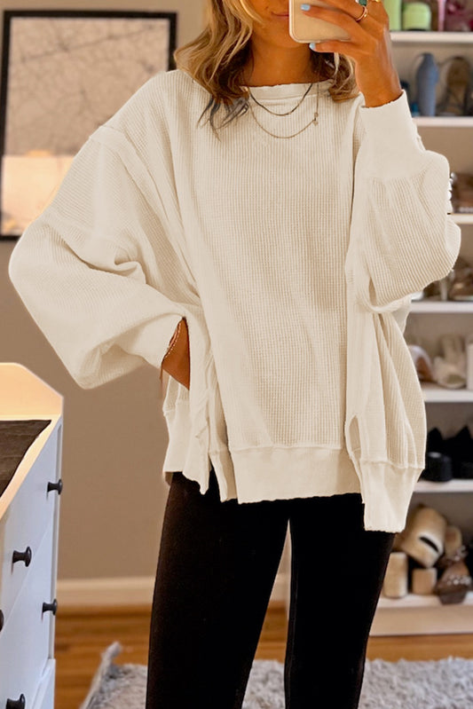 White Waffle Knit Bishop Sleeve Split Oversized Top