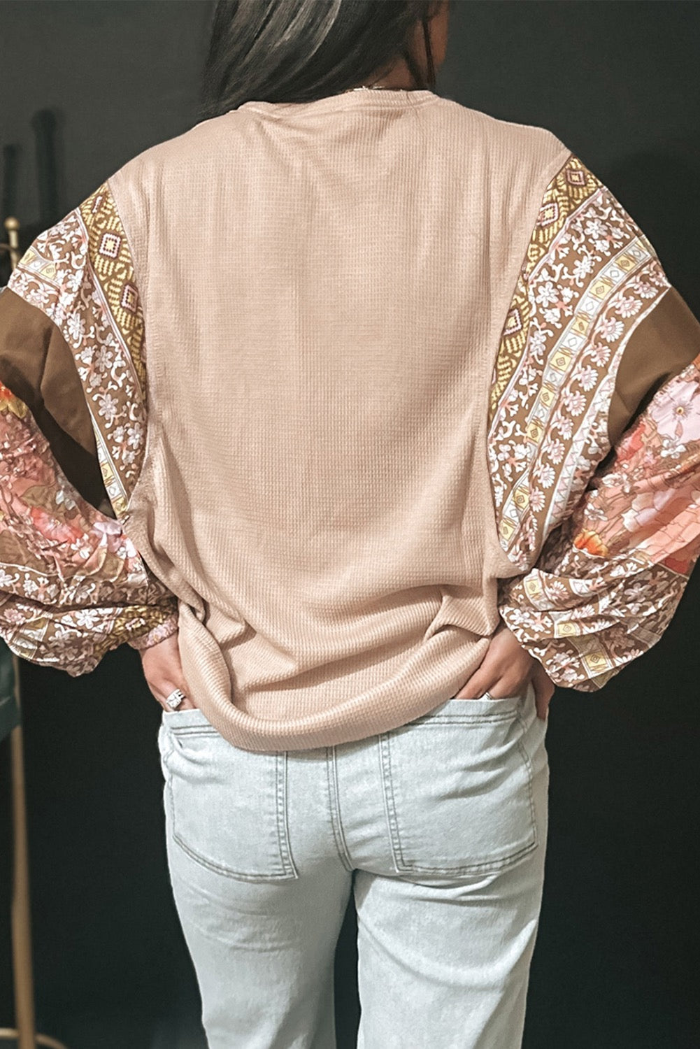 Contrast Floral Patchwork Puff Sleeve Waffle Knit Top