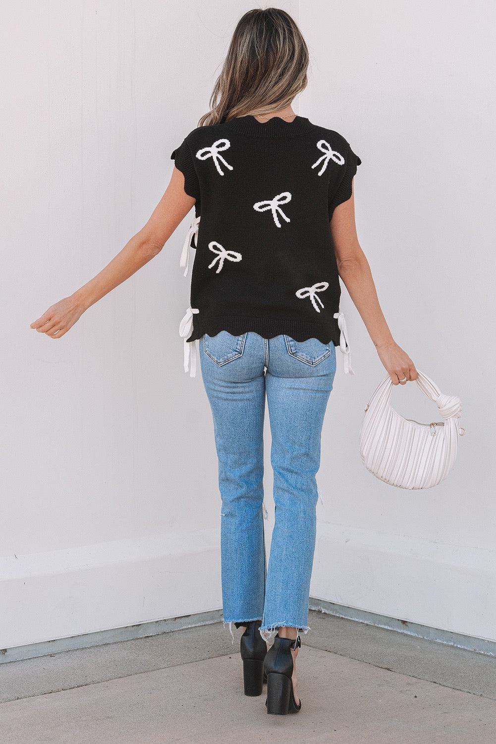 Black Bow Print Side Ties Scalloped Hem Sweater Tee