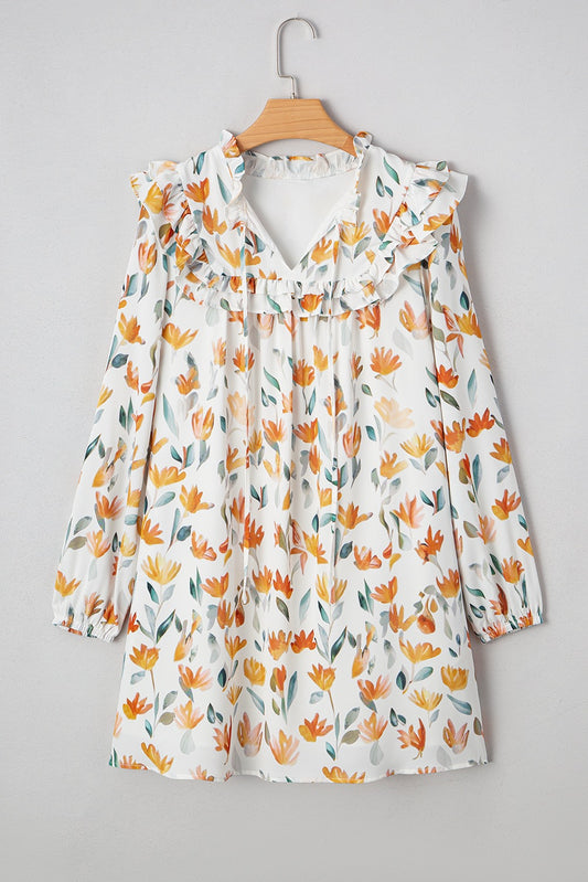 Yellow Floral Print Tie Neck Frilled Detail Long Sleeve Dress