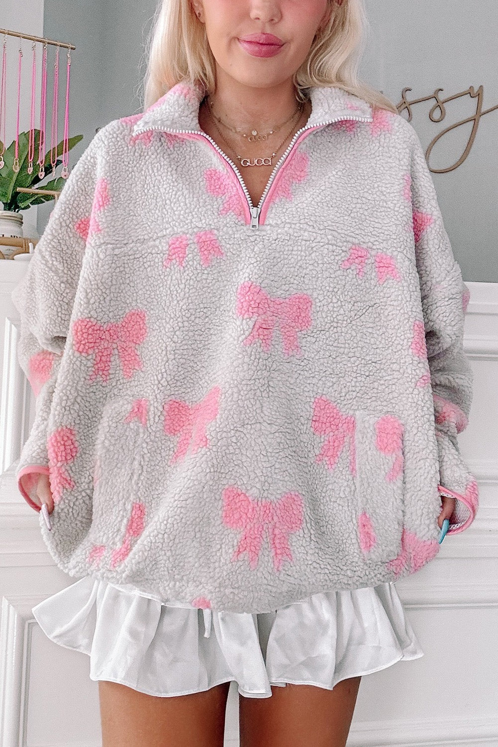 Bow Sherpa Quarter Zip Oversized Sweatshirt