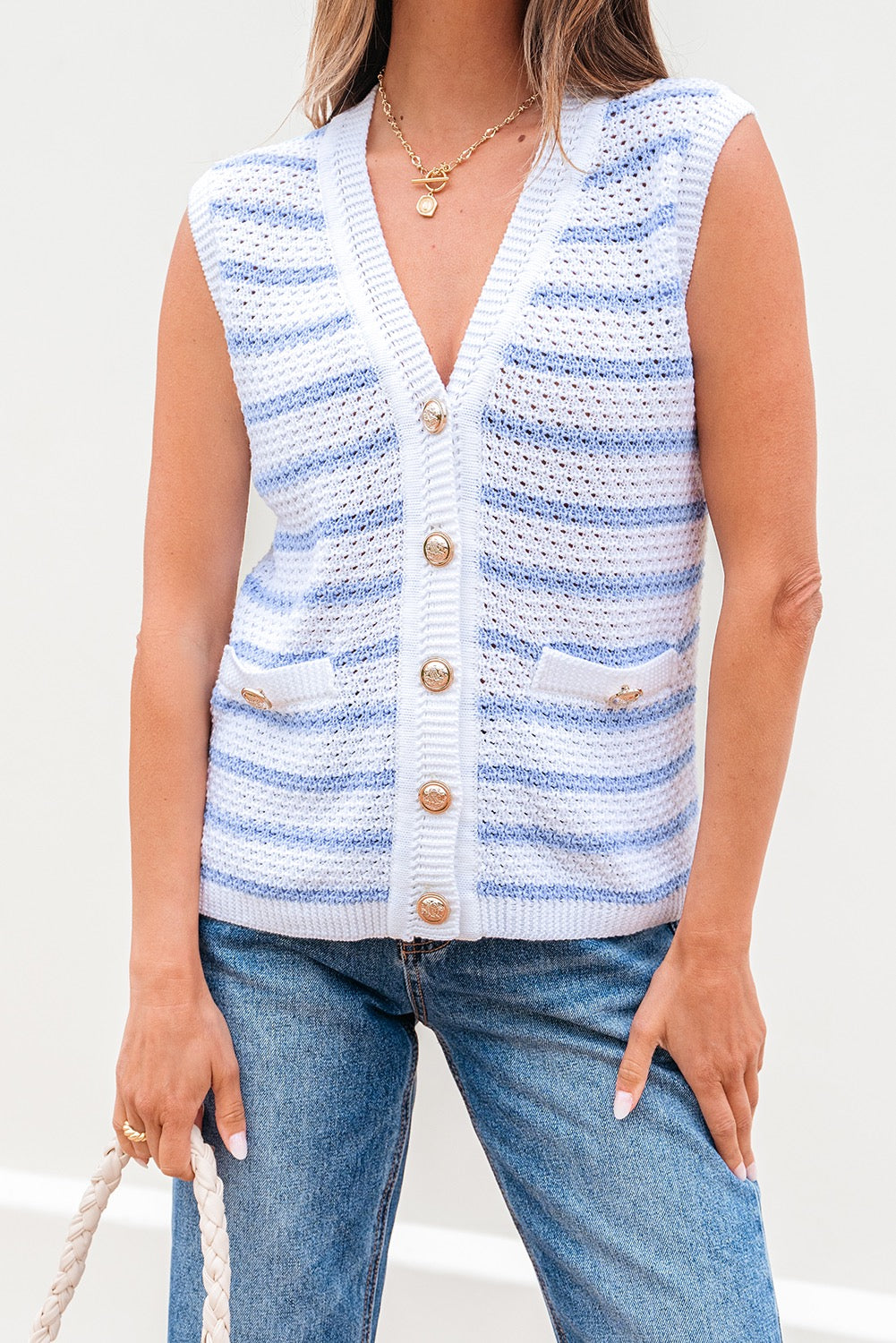 Blye Stripe V Neck Gold Buttons Elegant Sweater Vest