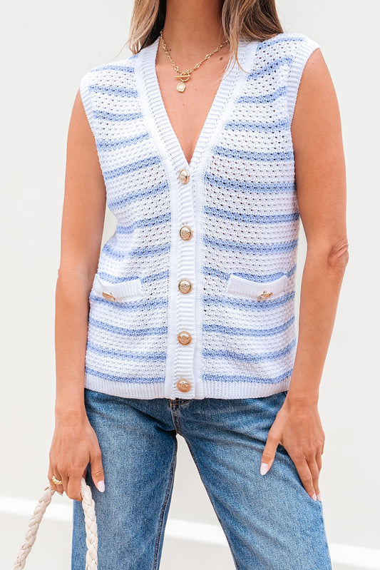 Blye Stripe V Neck Gold Buttons Elegant Sweater Vest