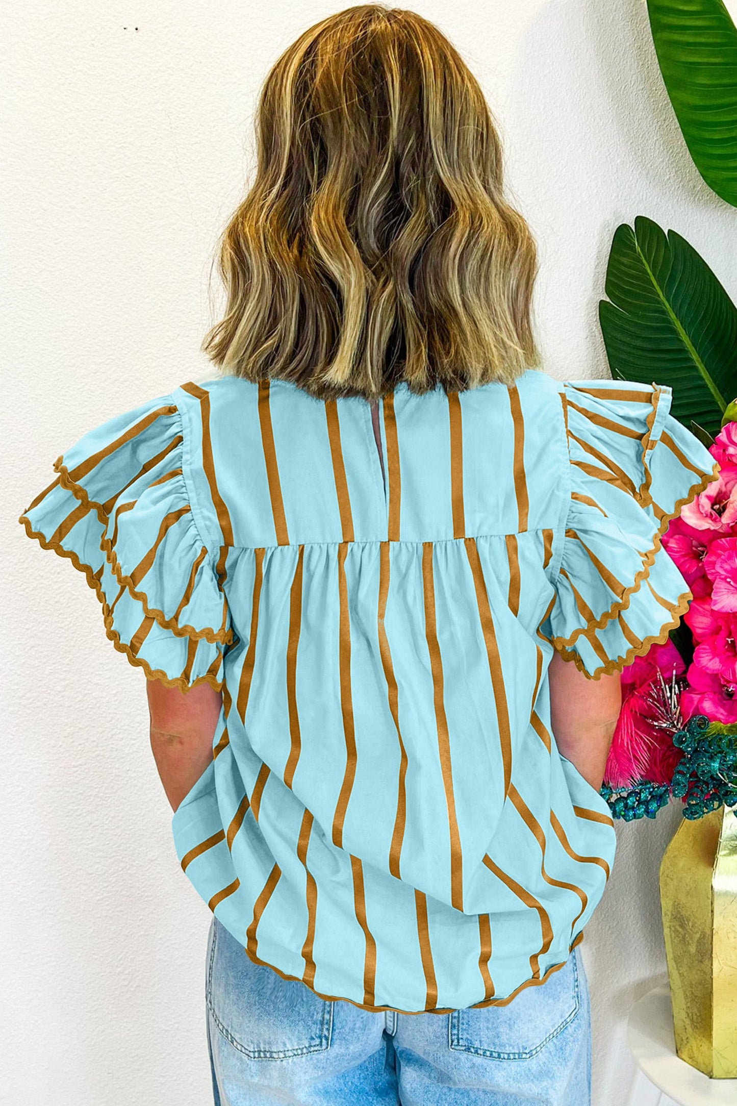 Sky Blue Stripe Ricrac Trim Double Ruffled Short Sleeve V Neck Blouse (ships 5/1)