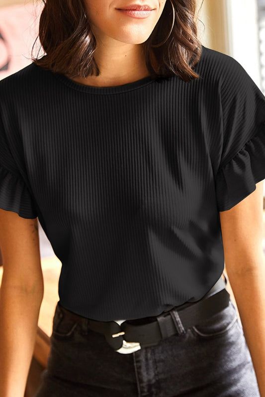 Black Ribbed Ruffle Sleeve Pull Over Top