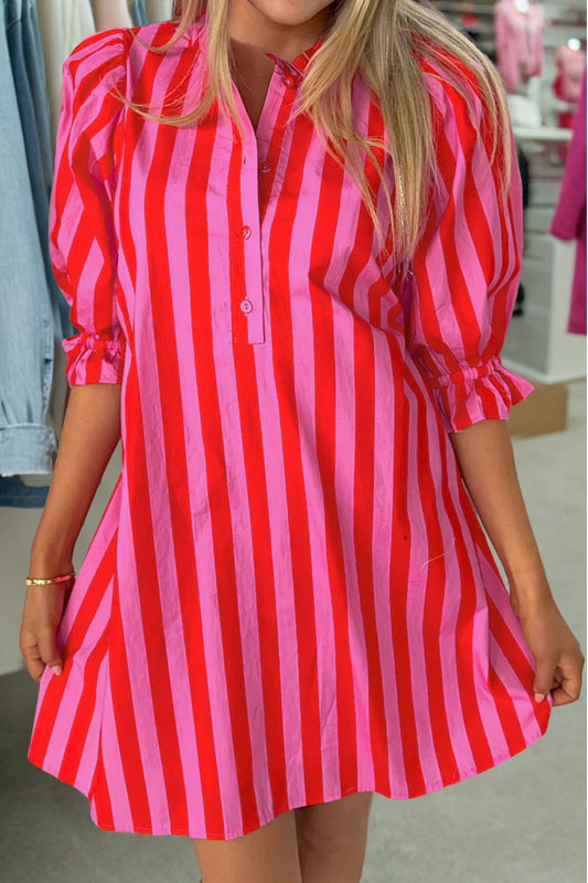 Red Stripe Half Button Puff Sleeve Dress