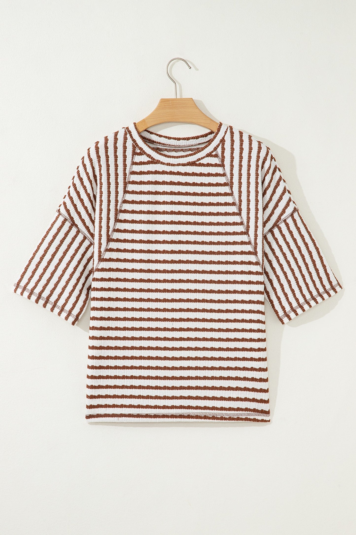 Brown Stripe Scallop Lace Trim Ruffle Short Sleeves Crewneck Top