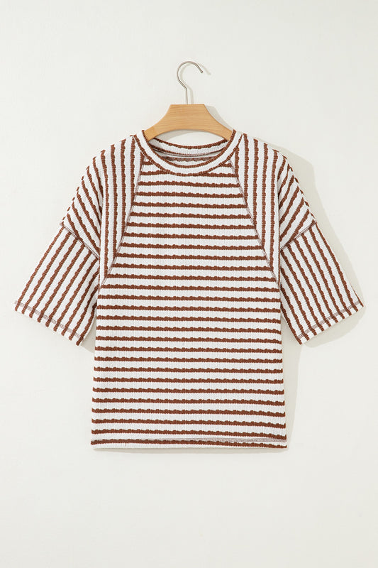 Brown Stripe Scallop Lace Trim Ruffle Short Sleeves Crewneck Top