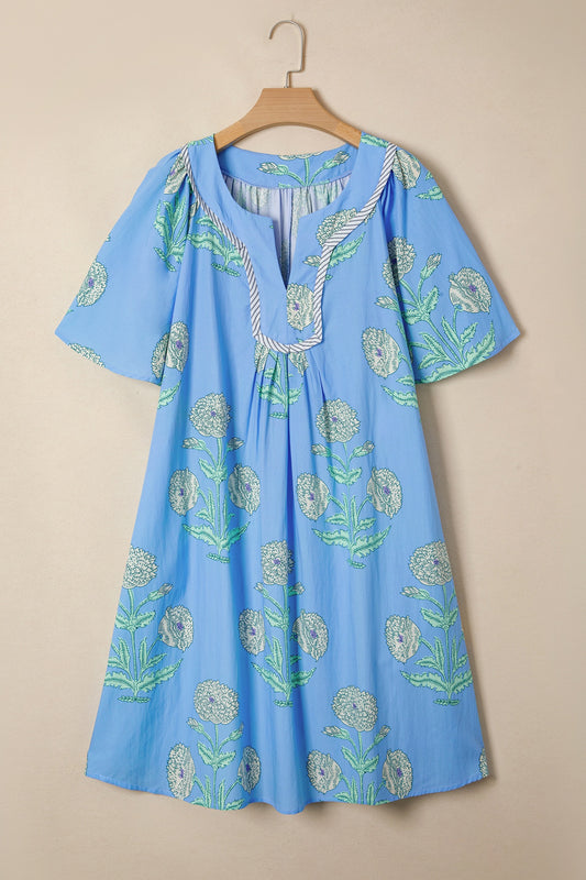 Blue Plus Periwinkle Floral Printed Short Sleeve Striped Trim Split Neck Mini Dress