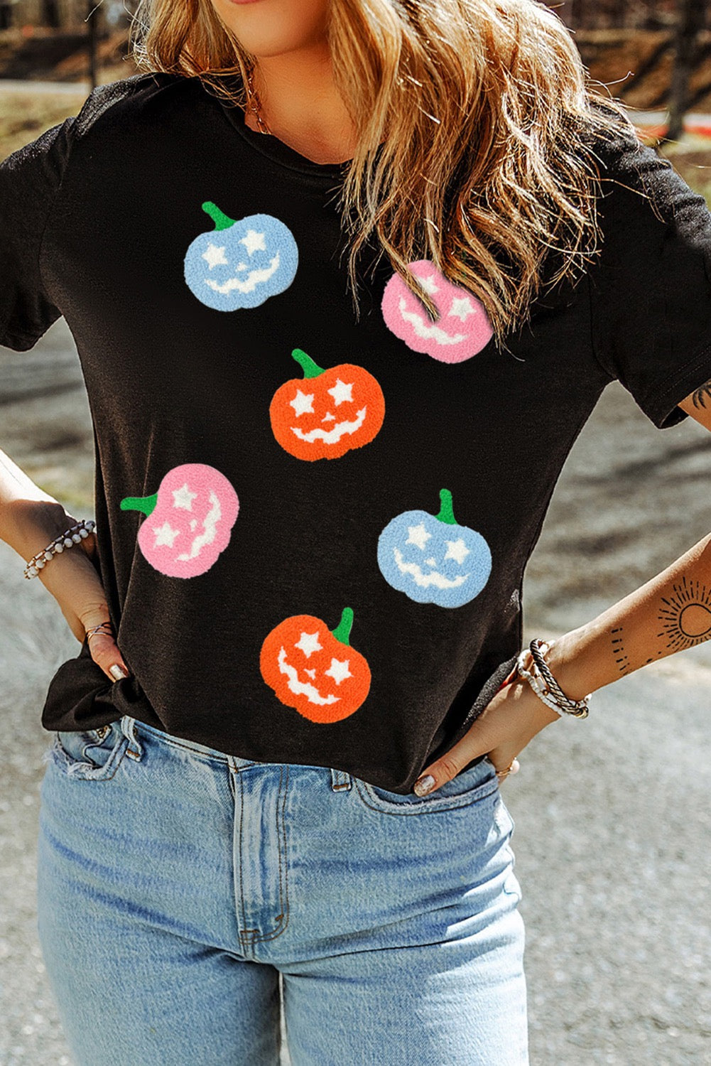 (Copy) Black Chenille Pumpkin Patched Playful Halloween Shirt
