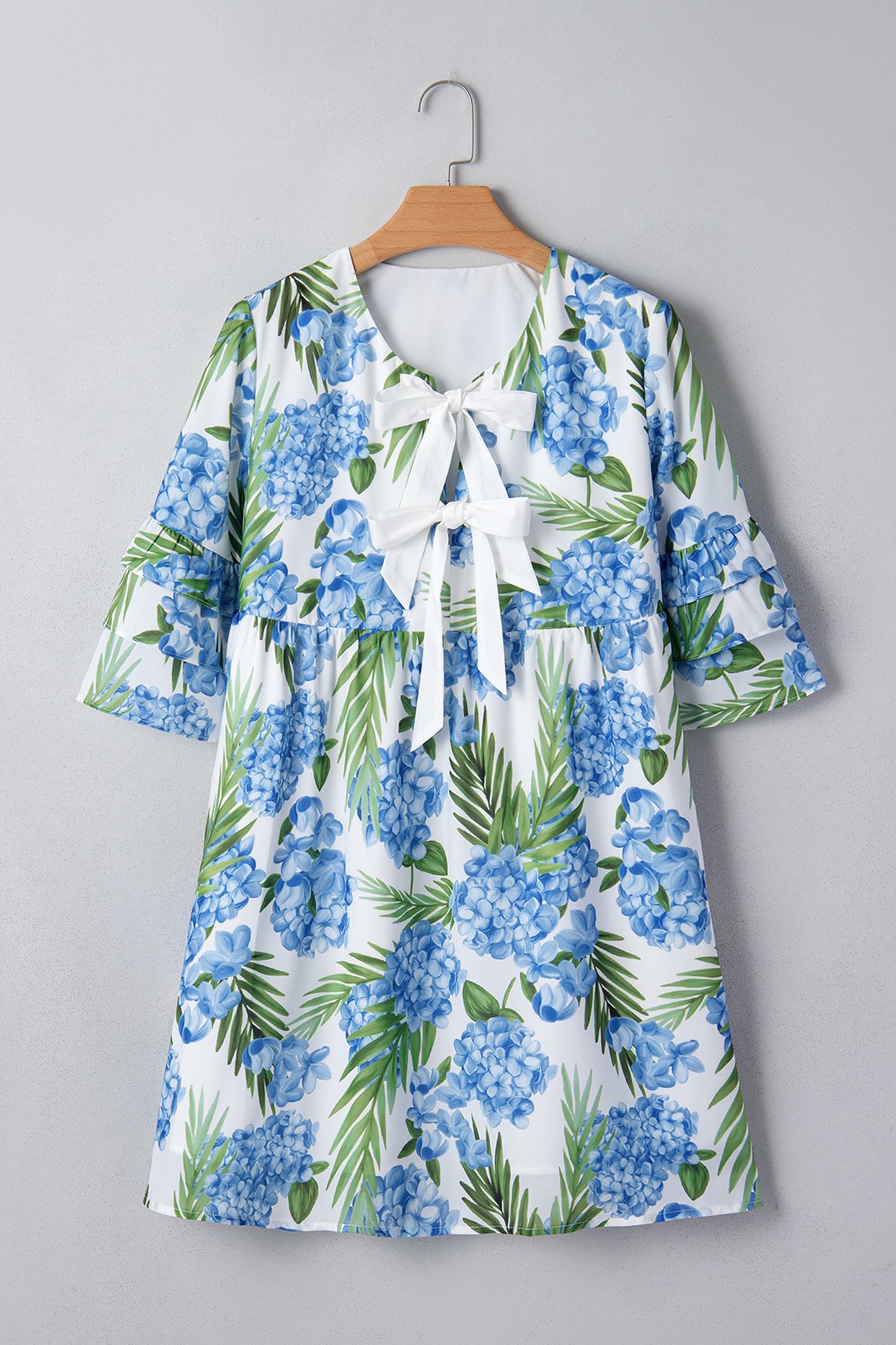 Blue Palm Floral Print Ribbon Knot Ruffle Tiered Sleeve Dress