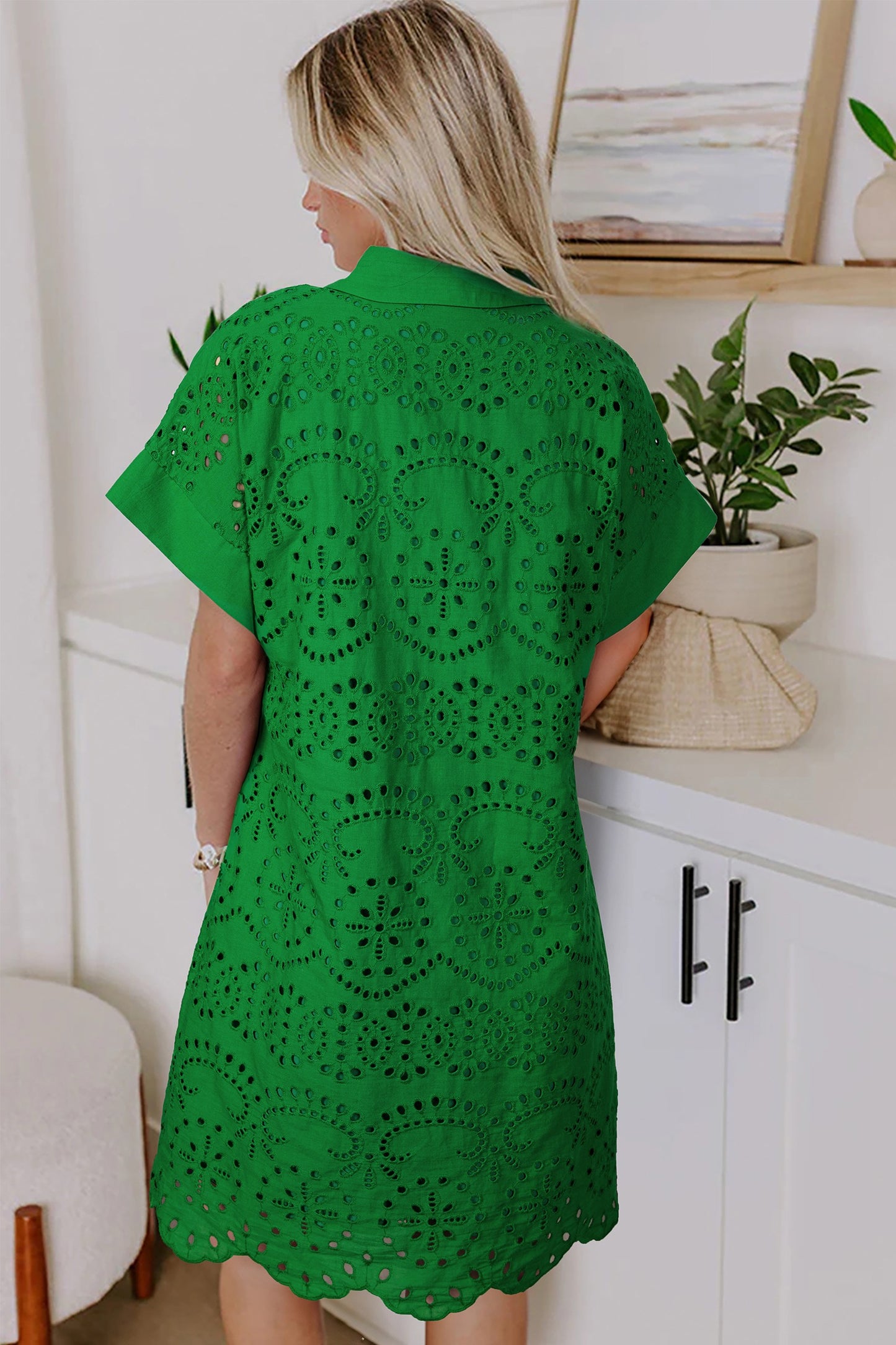 Green Eyelet Embroidered Shirt Dress