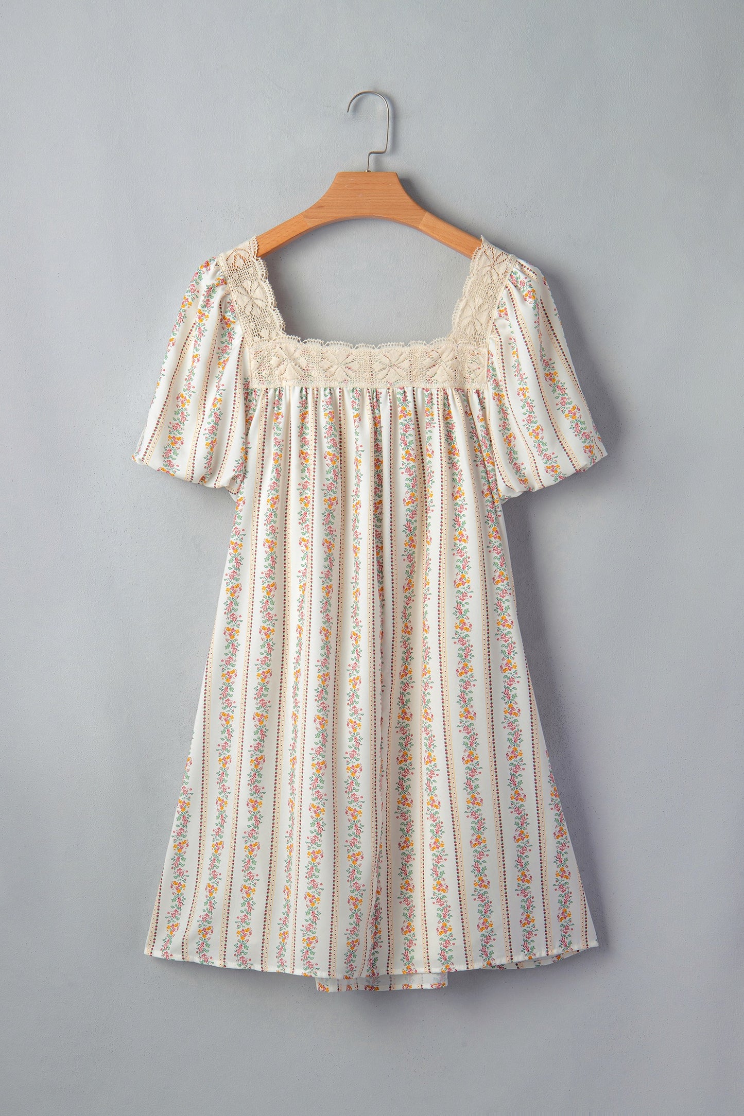 Floral Print Contrast Ribbon Bow Lace Trim Square Neck Dress