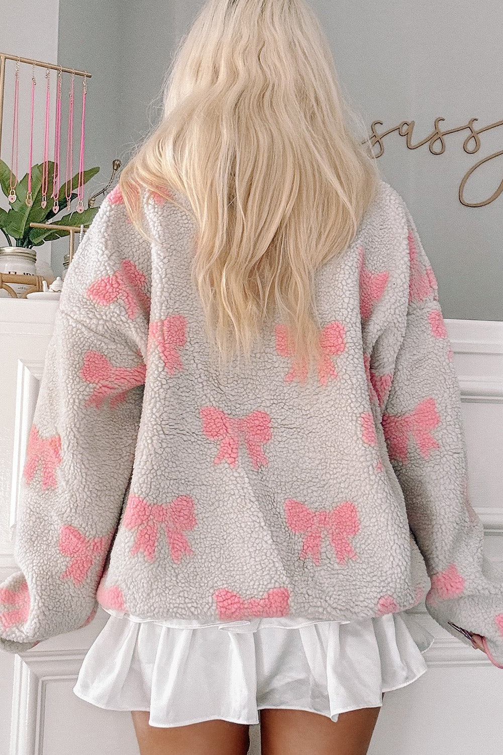 Bow Sherpa Quarter Zip Oversized Sweatshirt