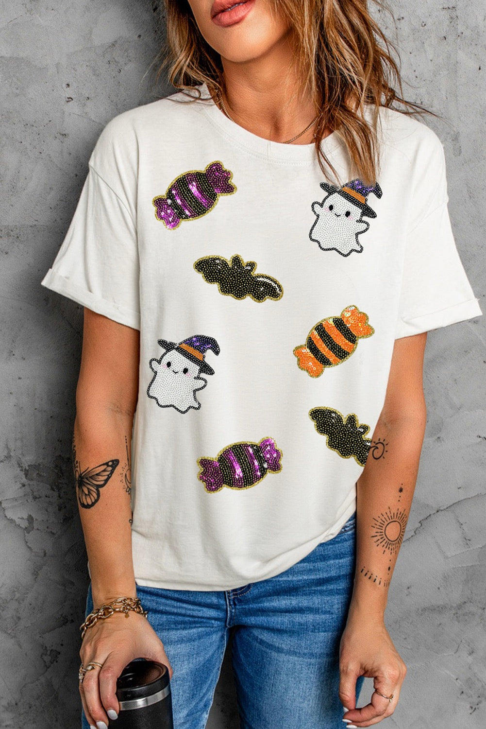 White Sequined Halloween Spirit Pattern Patched Tee