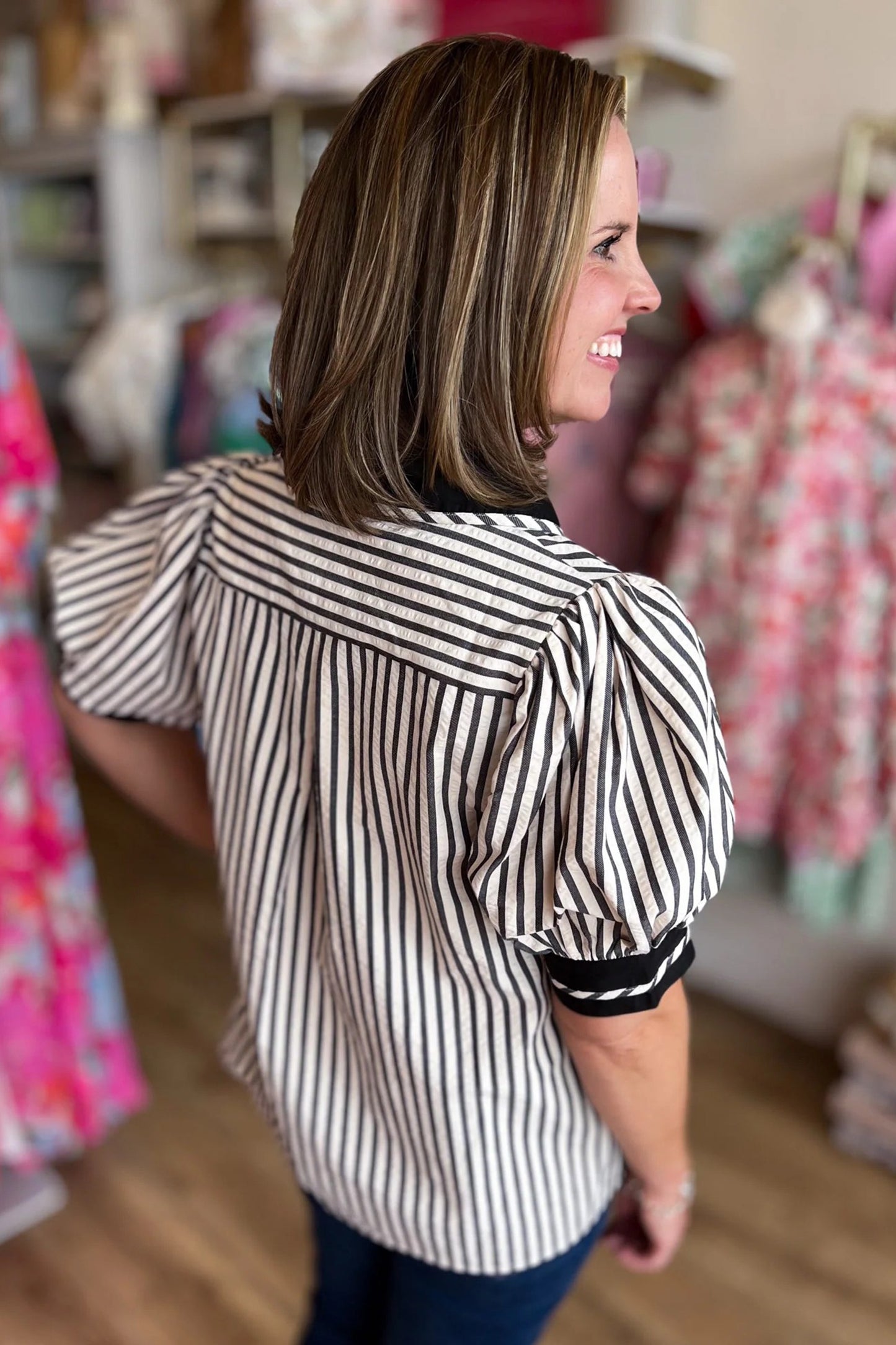 Black Stripe Double Ruffled Short Sleeve Top