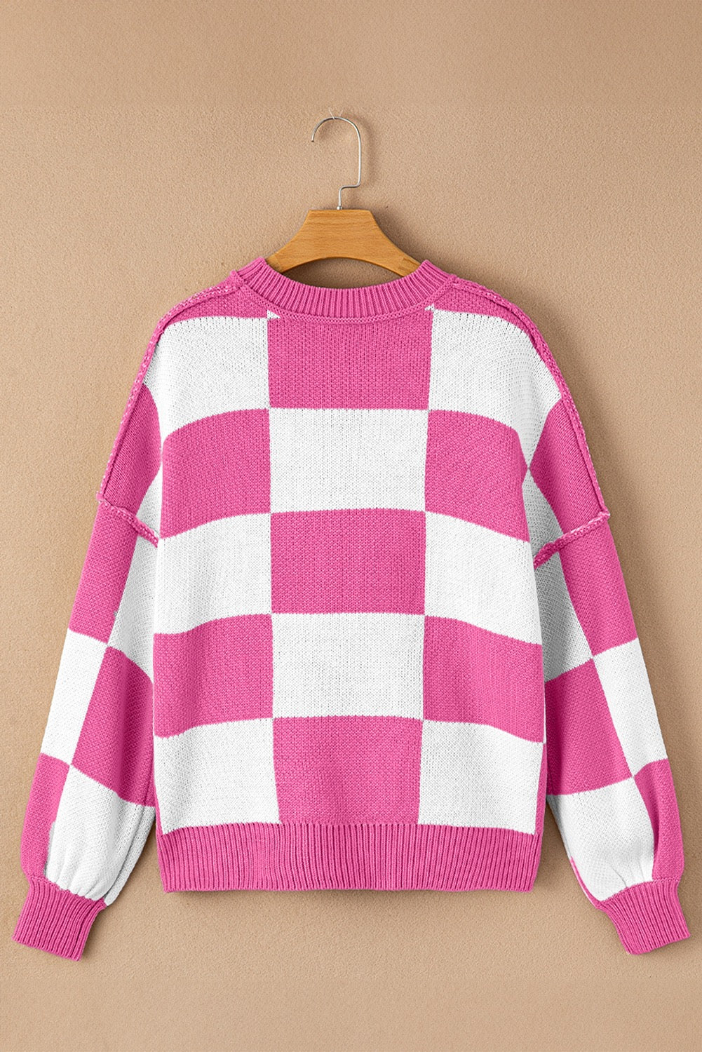Hot Pink Checkered Bishop Sleeve Sweater