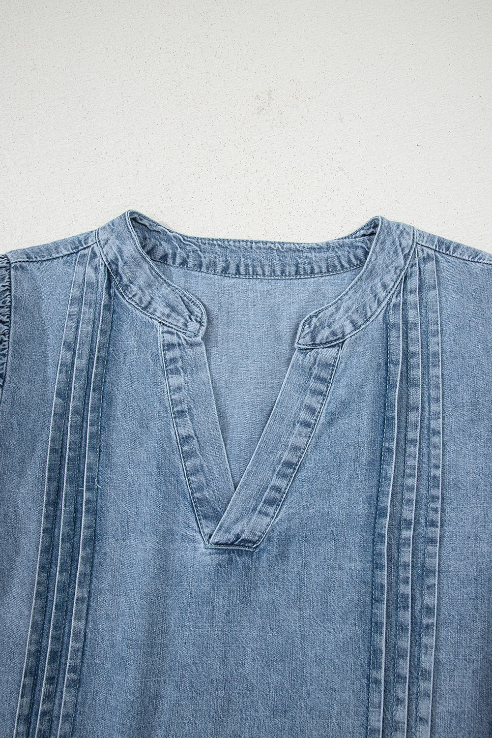 Pintuck Pleats Puff Sleeve Split V Neck Summer Denim Top