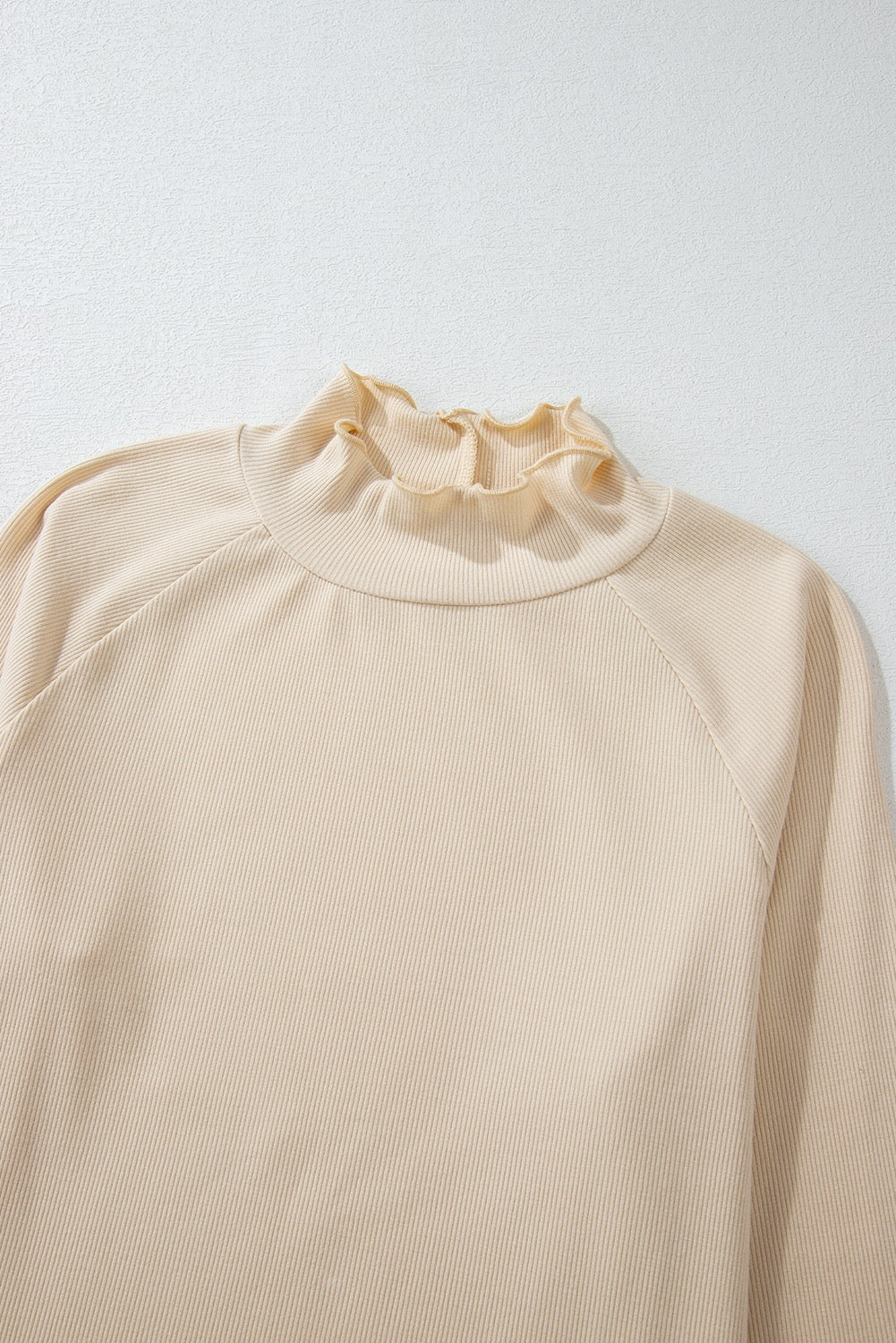 Ivory Ribbed Knit Lettuce Trim High Neck Long Sleeve Top