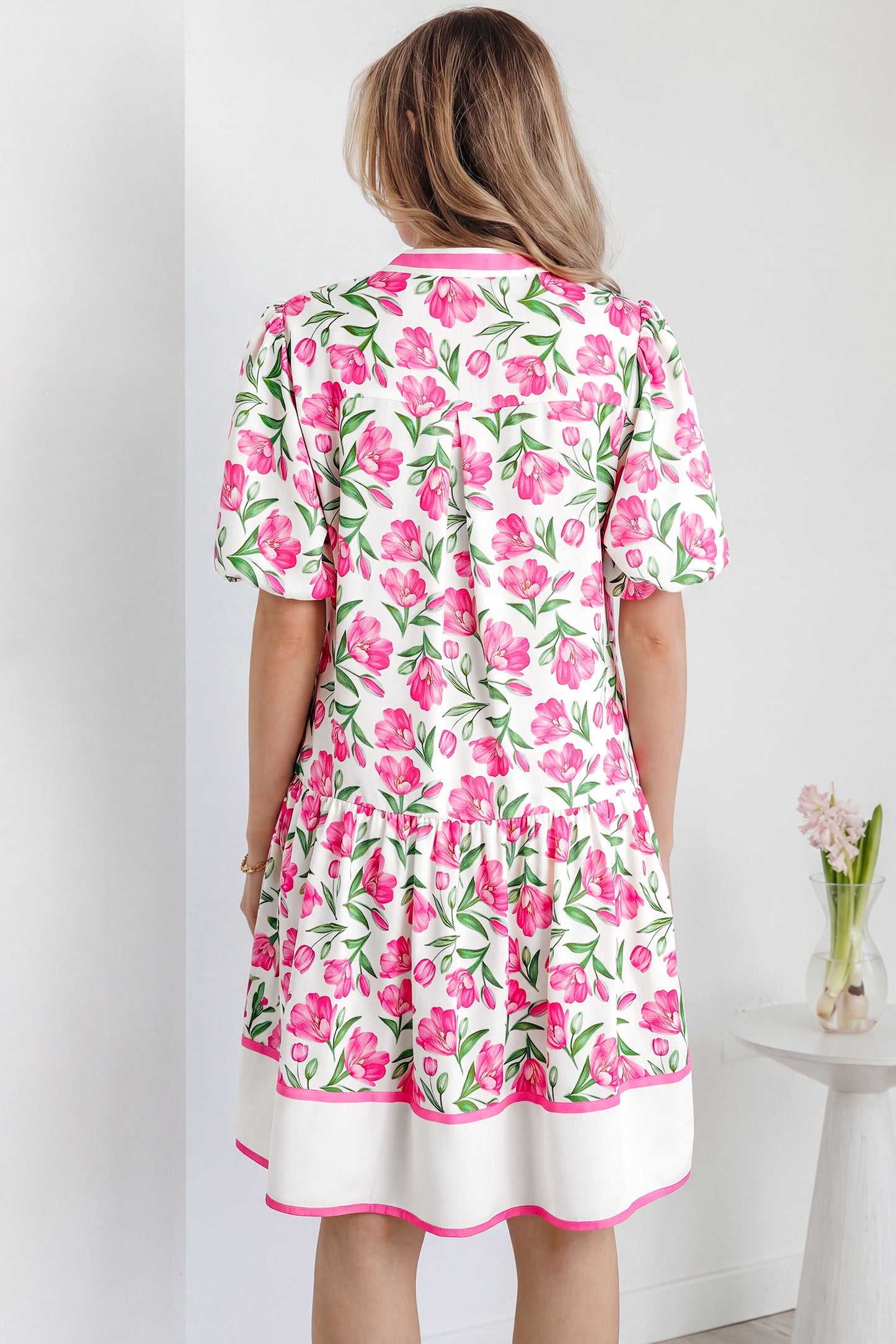 Sweet Floral Print Striped Color Block Trim Dress