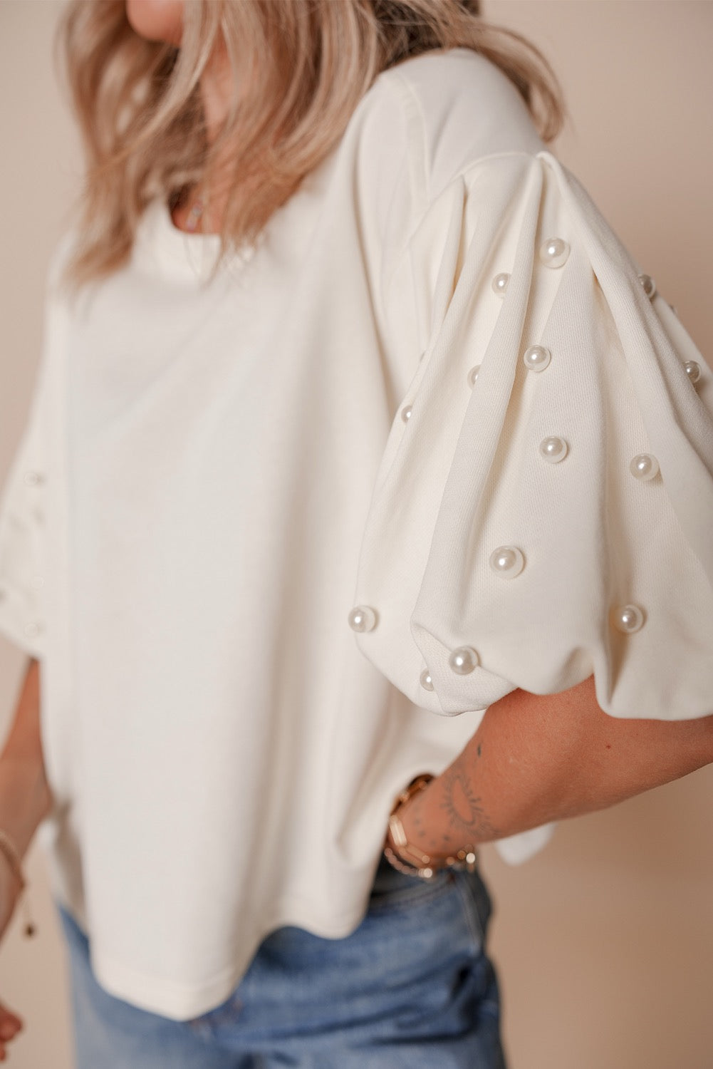 Half Sleeve Pearl Detail Blouse