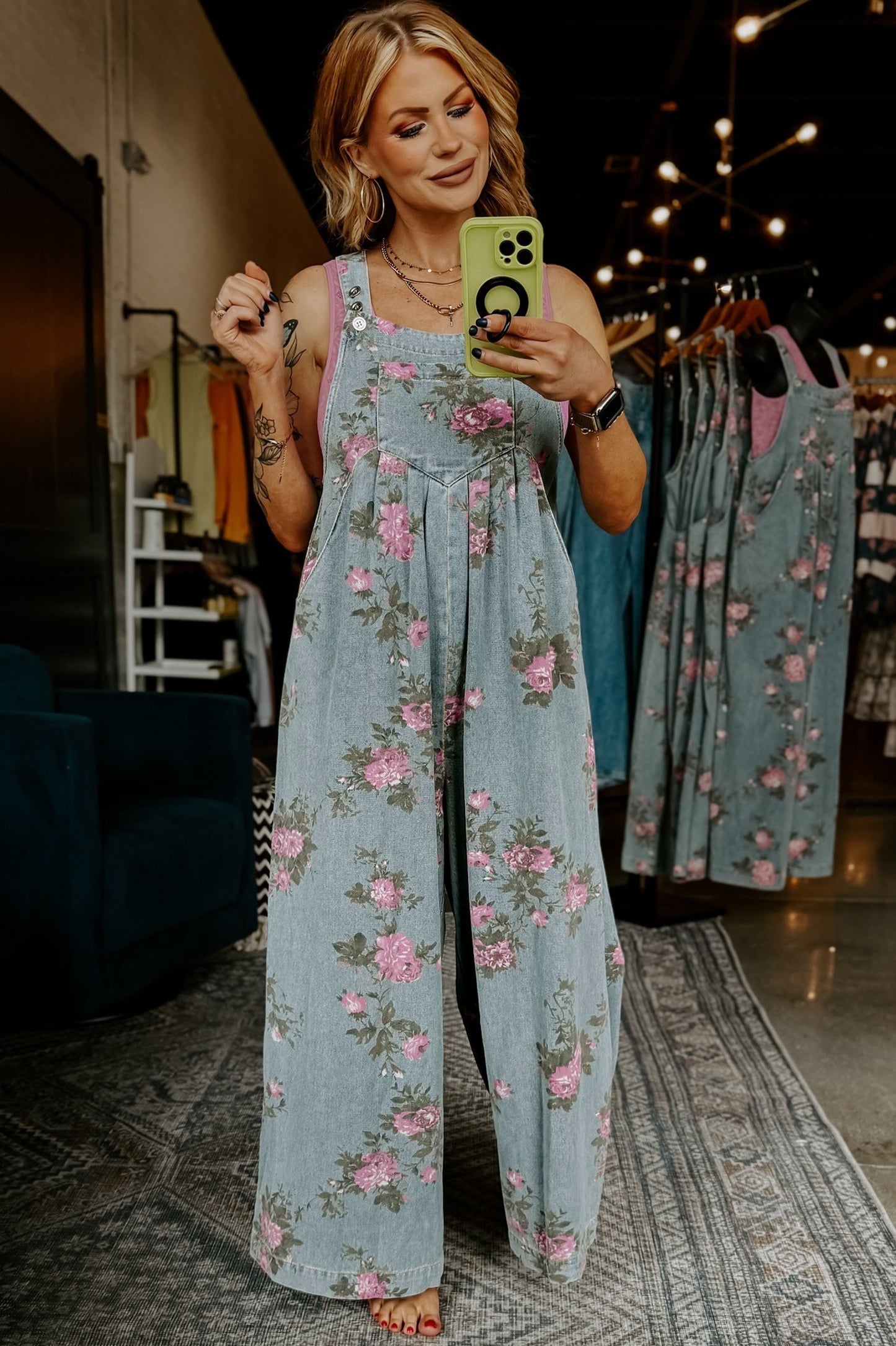 Floral Print Pleated High Waist Wide Leg Denim Jumpsuit (ships March 5)